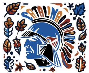 Trojan head logo in fall colors. Autumn leaves are scattered around.